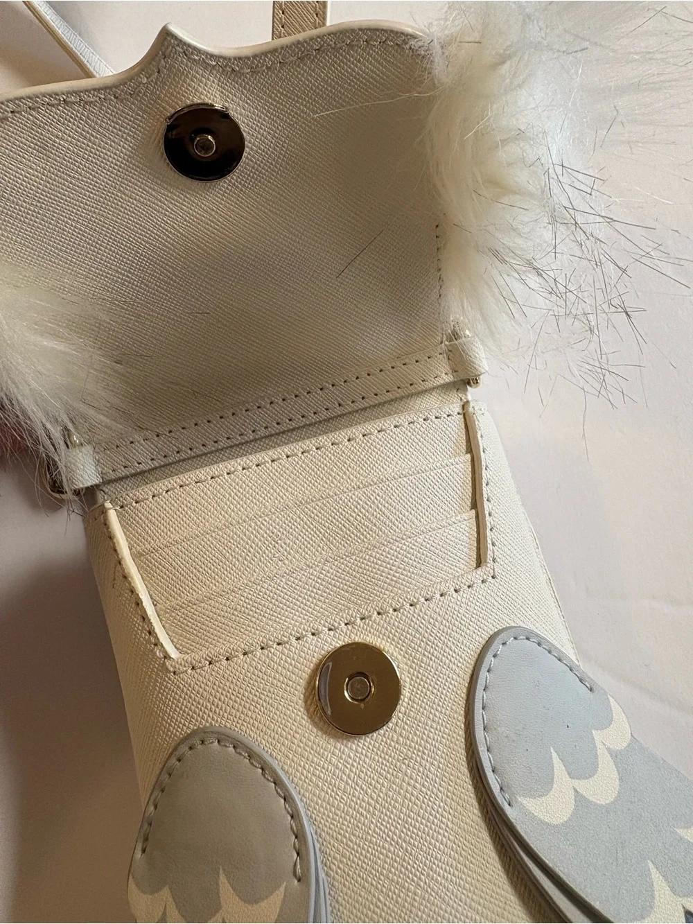 Kate Spade Cream and Gray Owl Crossbody Purse with Fur Trim
